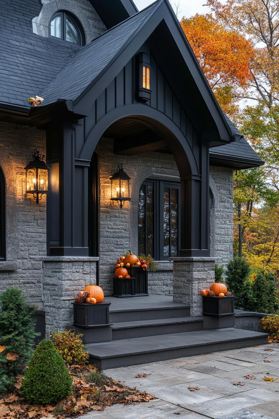 modern gothic style cottage facade front porch with elegant lanterns porch decorated for fall 1