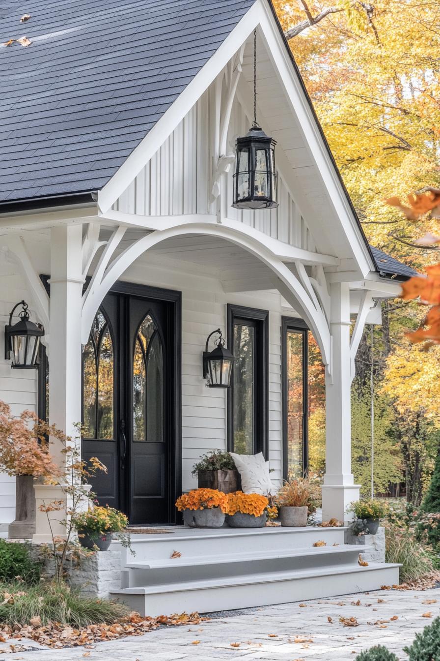 modern gothic style cottage facade front porch with elegant lanterns porch decorated for fall 2