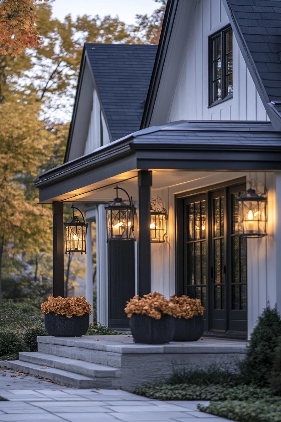 modern gothic style cottage facade front porch with elegant lanterns porch decorated for fall 3