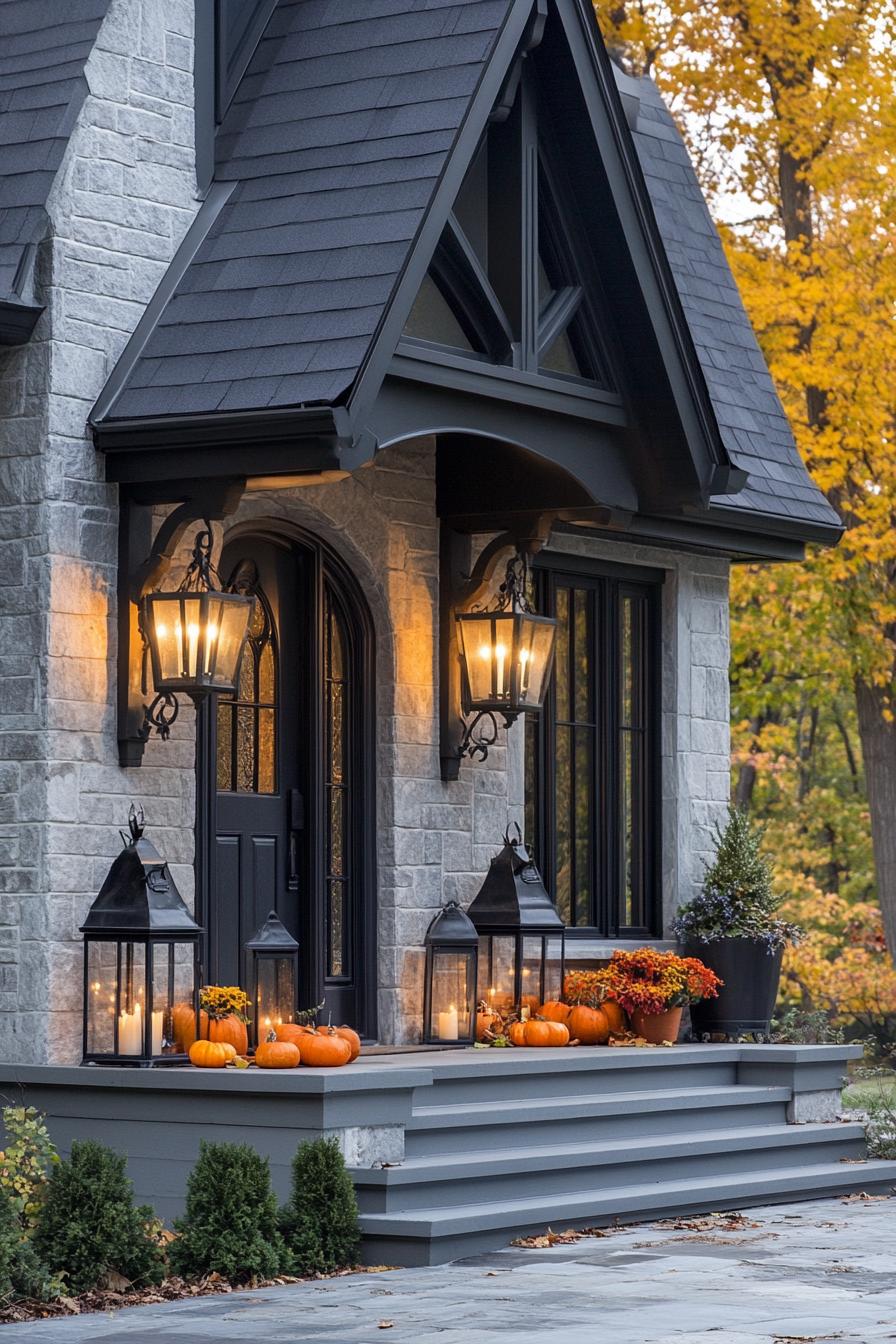 modern gothic style cottage facade front porch with elegant lanterns porch decorated for fall