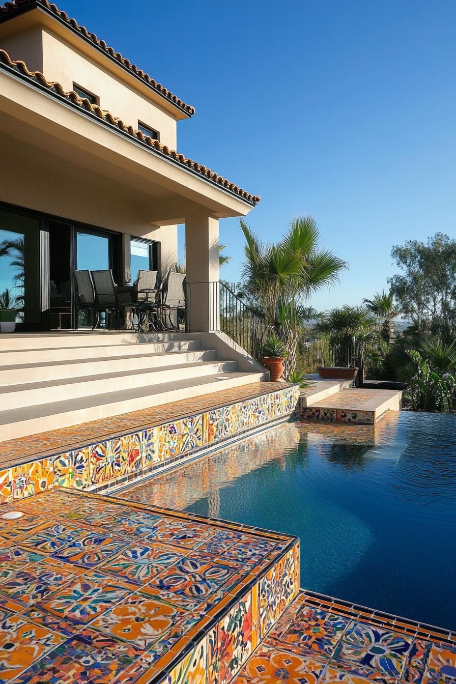 modern house backyard poolside deck with colorful mosaic tiles mediterranean landscape 1