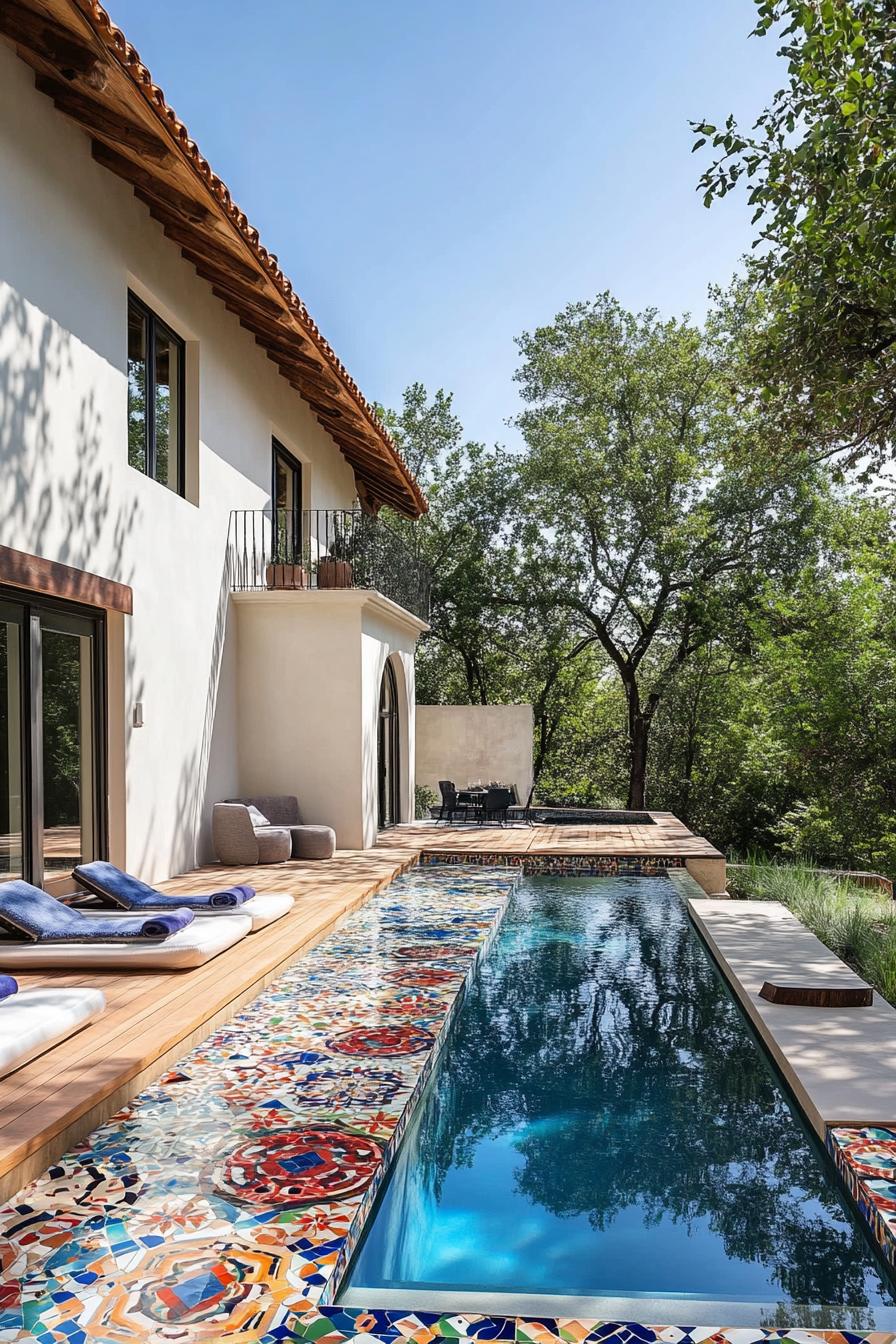 modern house backyard poolside deck with colorful mosaic tiles mediterranean landscape