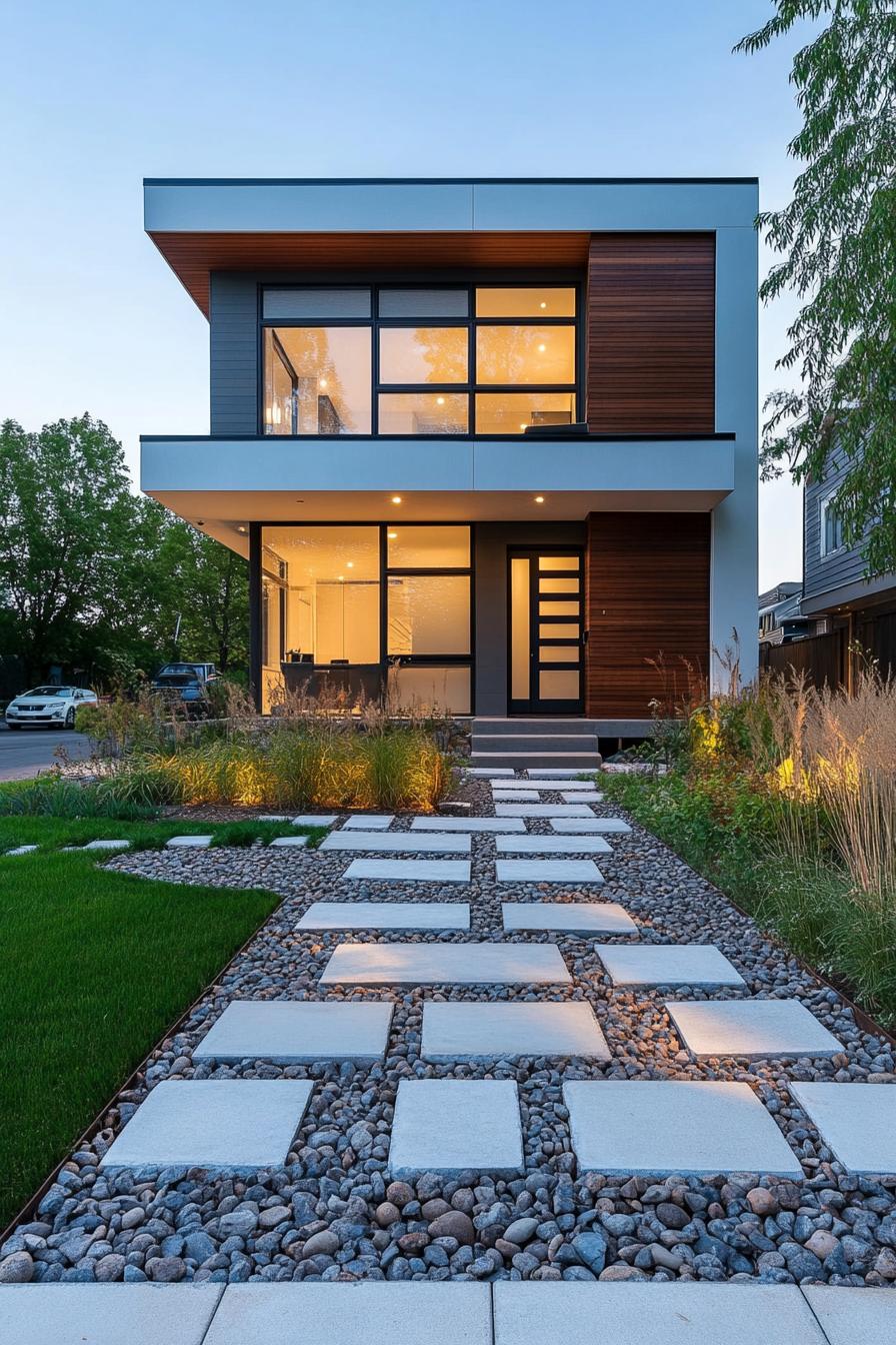 modern house front yard with permeable stones paving Scandinavian landscape 2