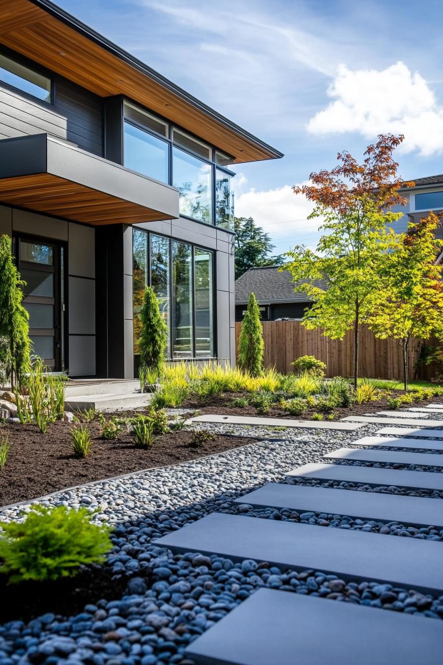 modern house front yard with permeable stones paving Scandinavian landscape 3