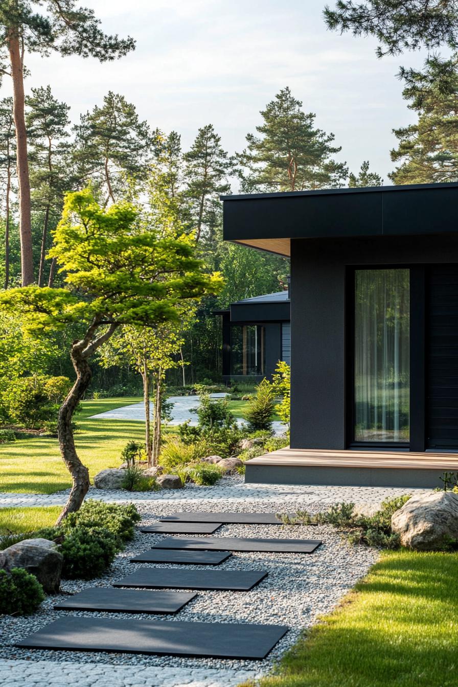 modern house front yard with permeable stones paving Scandinavian landscape