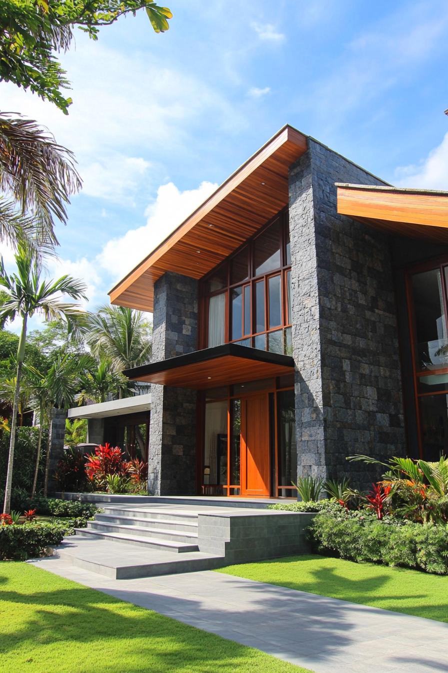 modern house frontal view large slate and stone tile siding high wooden front door large eaves with natural wood front steps yard with 3