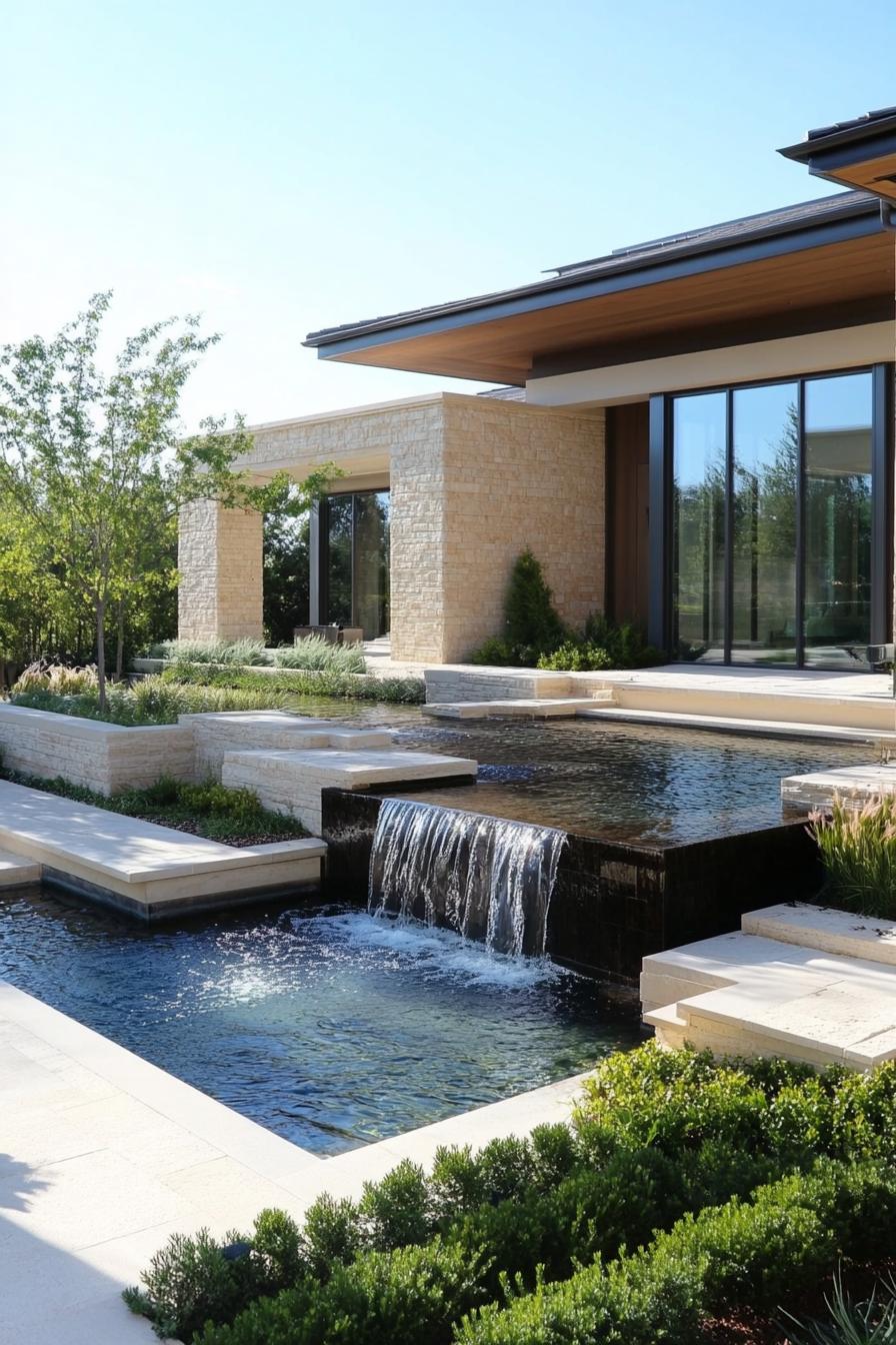 modern house small pool with waterfall zen garden