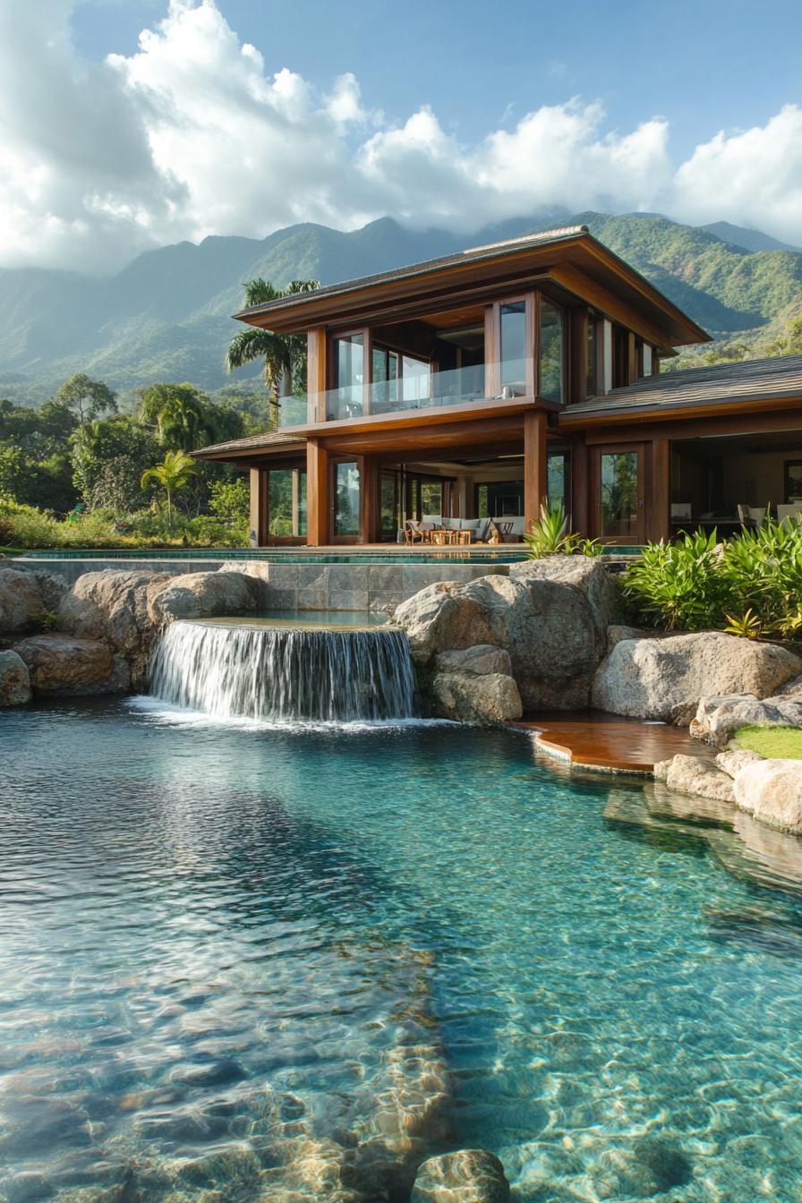 modern house with cascading pool with waterfall tropical mountain range in the background 1