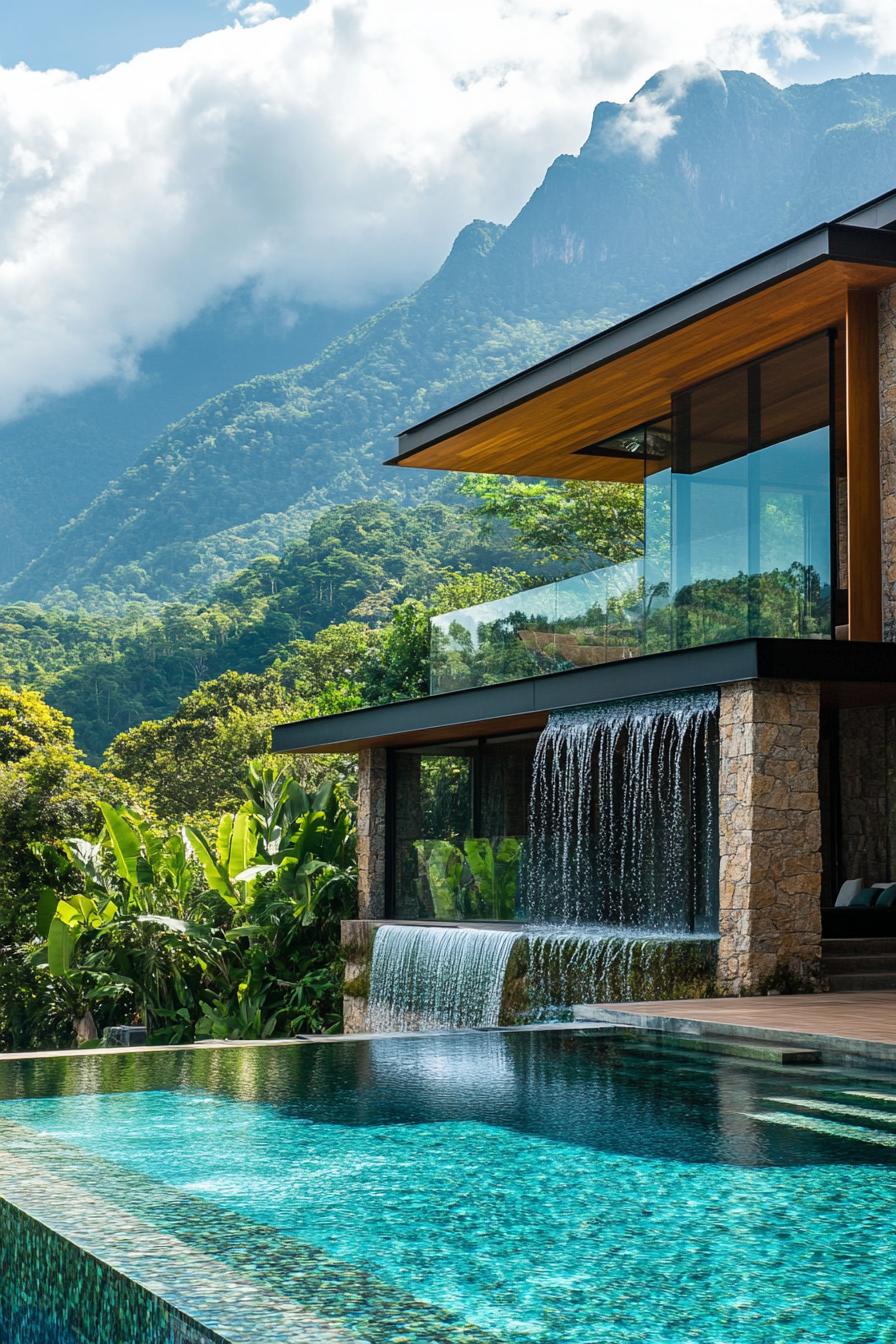 modern house with cascading pool with waterfall tropical mountain range in the background 2