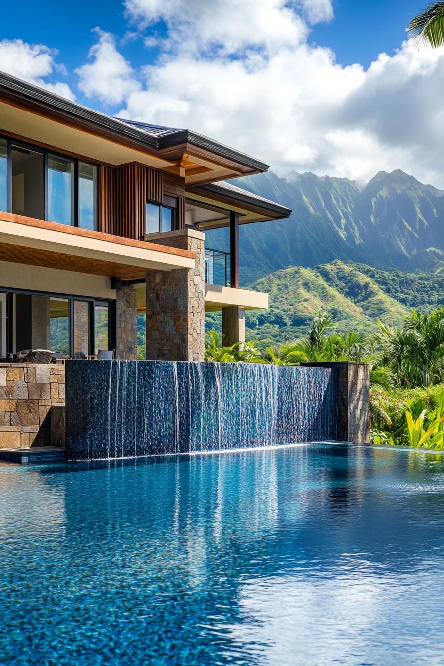 modern house with cascading pool with waterfall tropical mountain range in the background 3