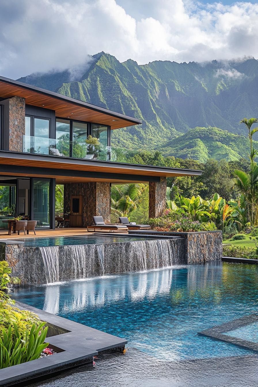 modern house with cascading pool with waterfall tropical mountain range in the background