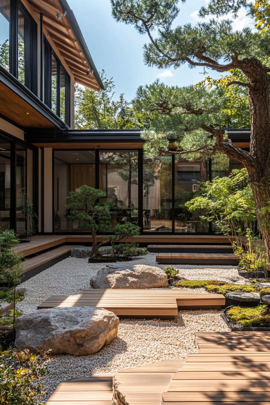 modern japanese courtyard with wooden deck built in benches stone paths and gravel rocks and bonsai trees house with large windows and shoji 1