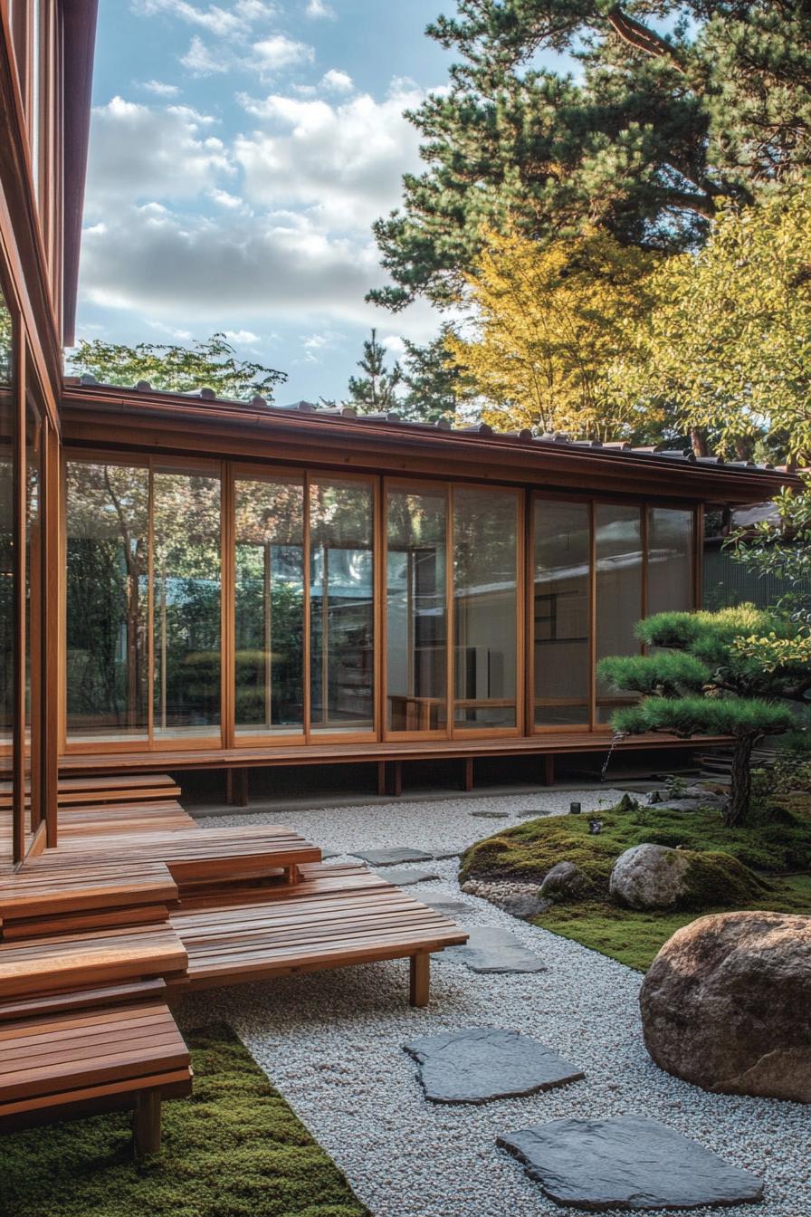 modern japanese courtyard with wooden deck built in benches stone paths and gravel rocks and bonsai trees house with large windows and shoji 2