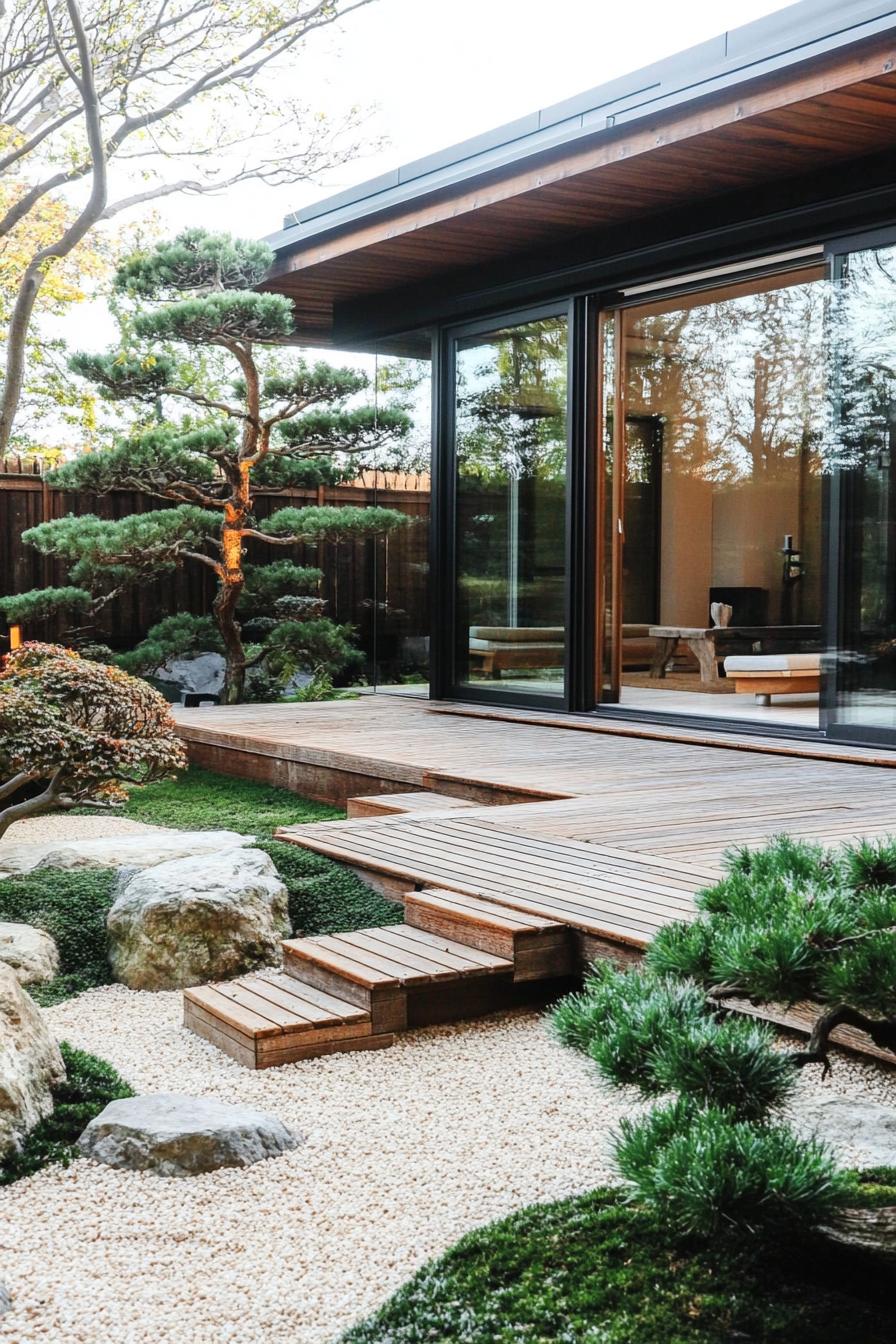 Japanese courtyard house with wooden steps and garden