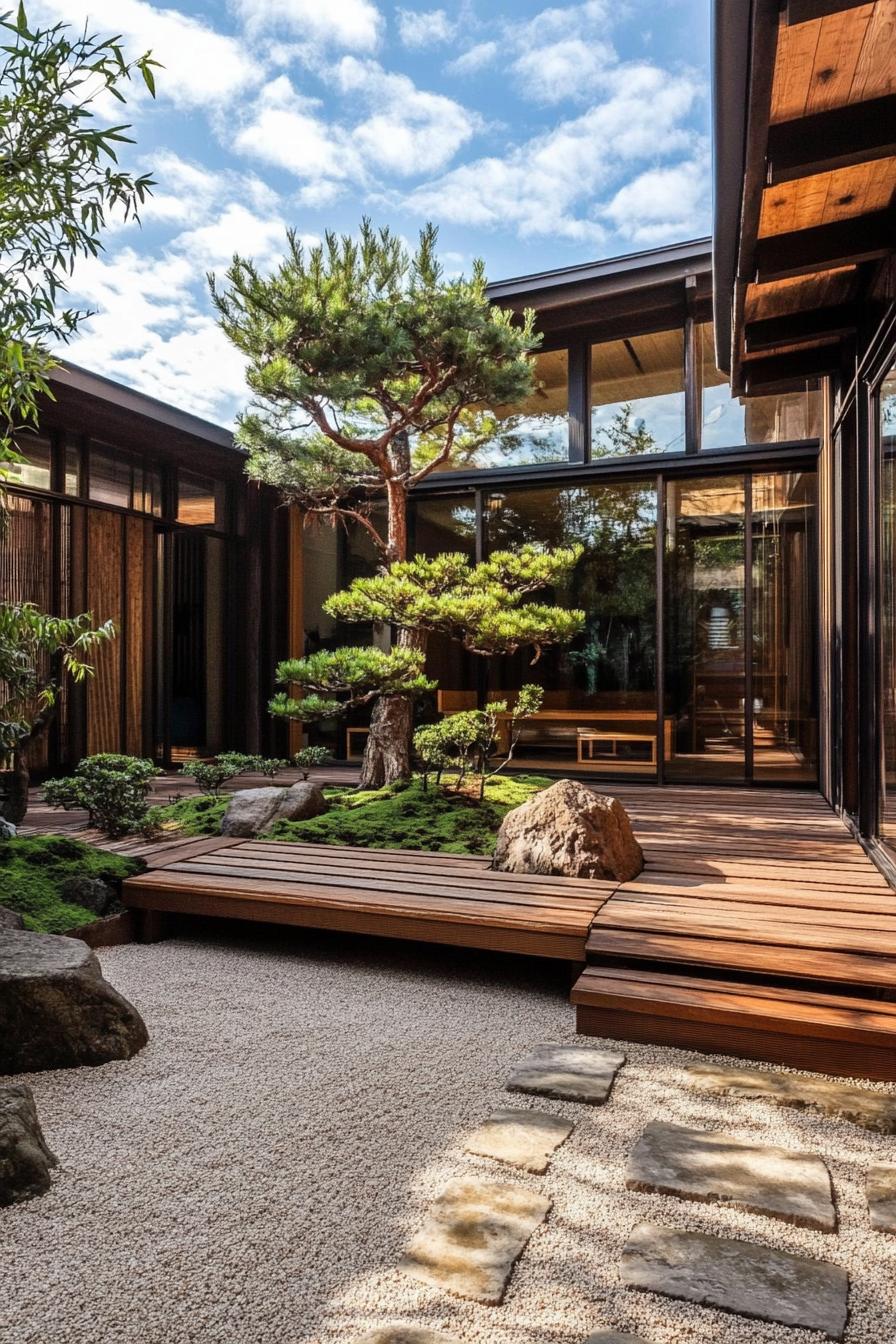 modern japanese courtyard with wooden deck built in benches stone paths and gravel rocks and bonsai trees house with large windows and shoji