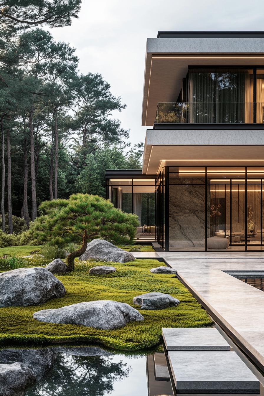 modern luxury house with marble facade front zen garden with mossy rocks pond grass small trees forest in the background 1