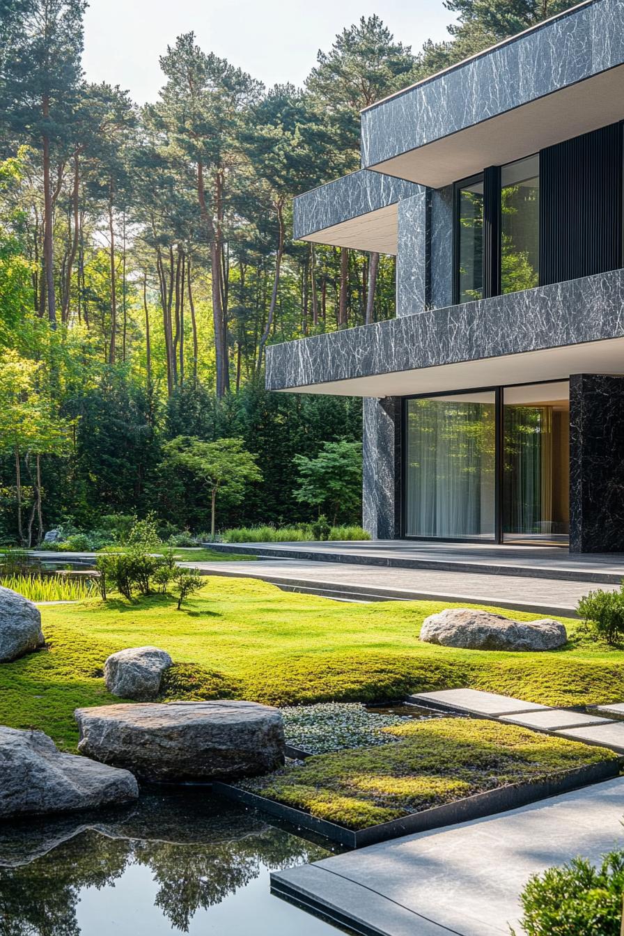 modern luxury house with marble facade front zen garden with mossy rocks pond grass small trees forest in the background 2