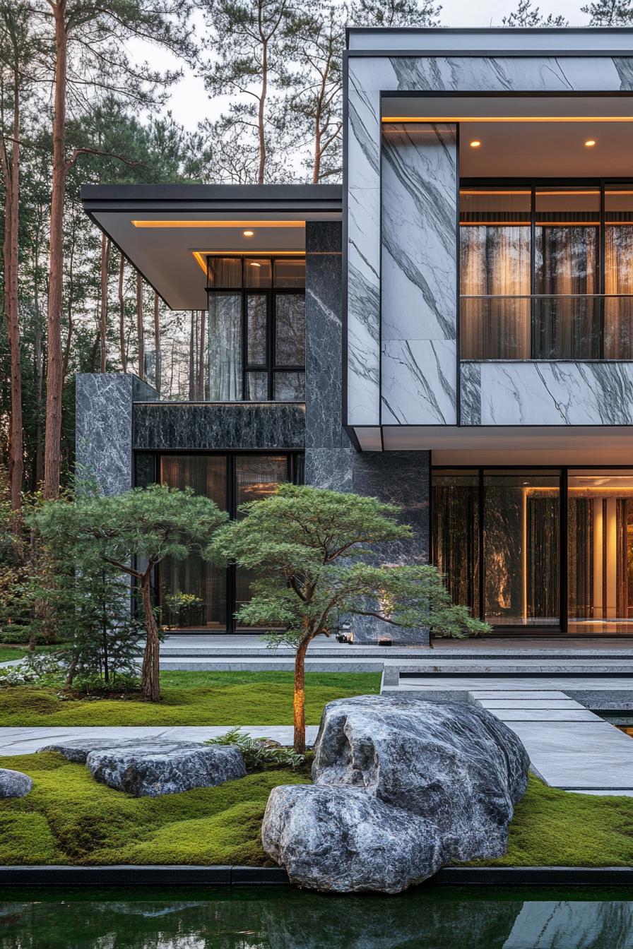 modern luxury house with marble facade front zen garden with mossy rocks pond grass small trees forest in the background