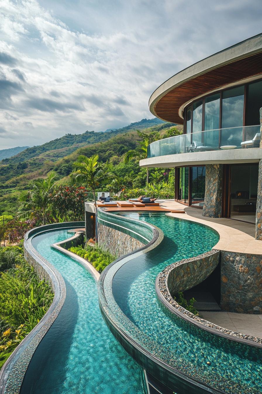 modern luxury mansion on a hillside with a large curved pool and natural slides from a modern building stunning tropical mountains in the background 1