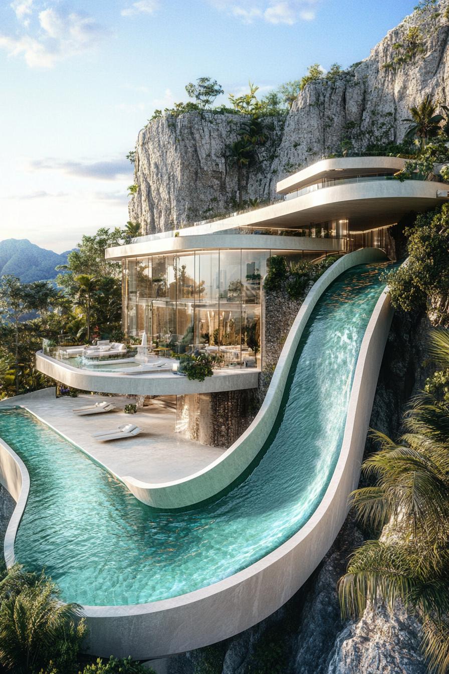 modern luxury mansion on a hillside with a large curved pool and natural slides from a modern building stunning tropical mountains in the background