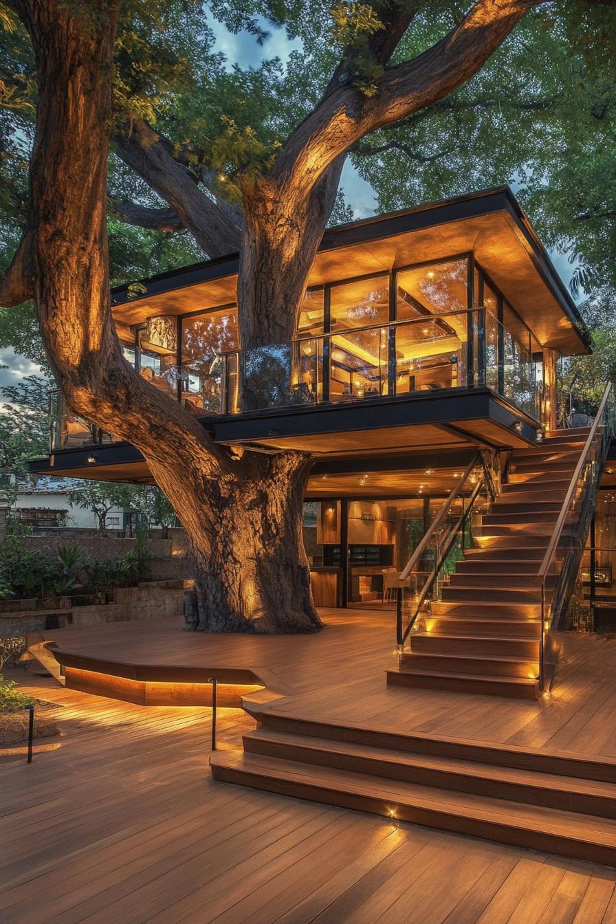 modern luxury tree house with large hardwood decking on the ground under the tree stairs with railings lead up to the house the house has large 1