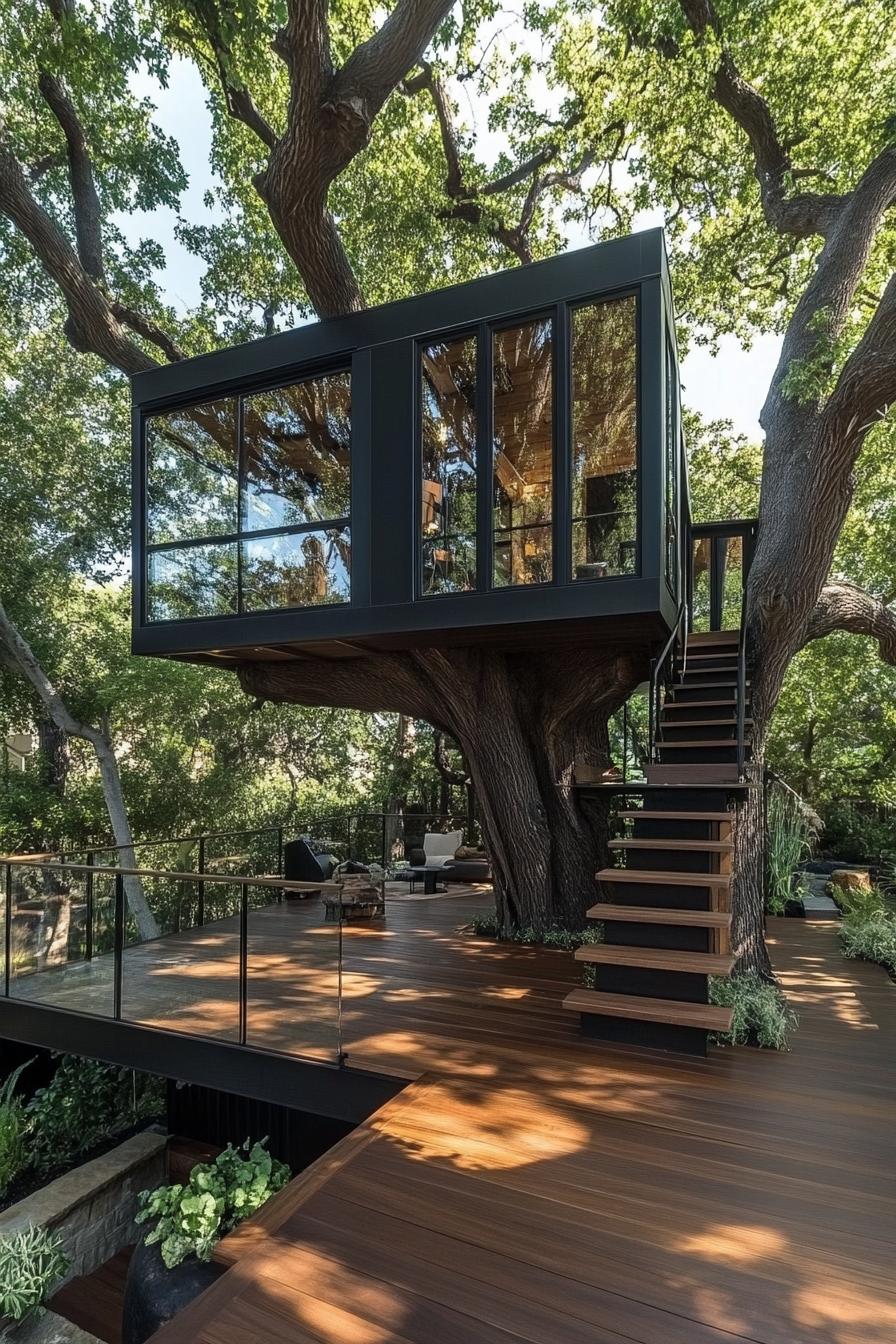 modern luxury tree house with large hardwood decking on the ground under the tree stairs with railings lead up to the house the house has large