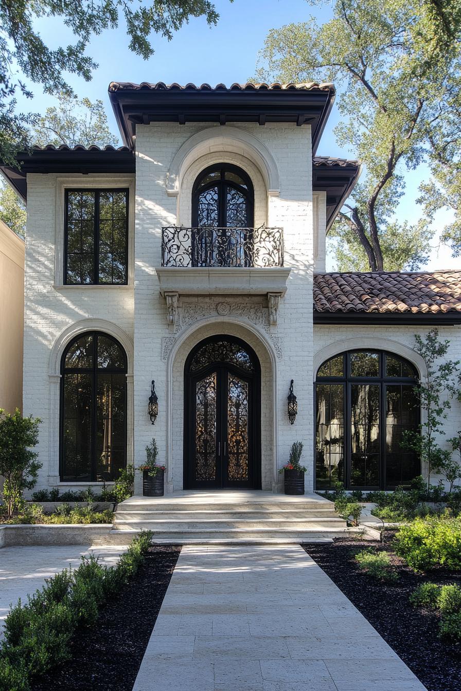 modern mediterranean villa with limestone brick facade arched windows and doors with ornate trim ornate arched doors top floor siding in creamy 1