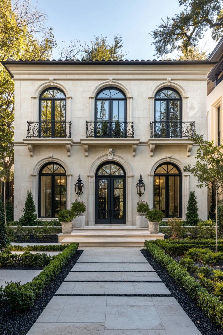 modern mediterranean villa with limestone brick facade arched windows and doors with ornate trim ornate arched doors top floor siding in creamy 2