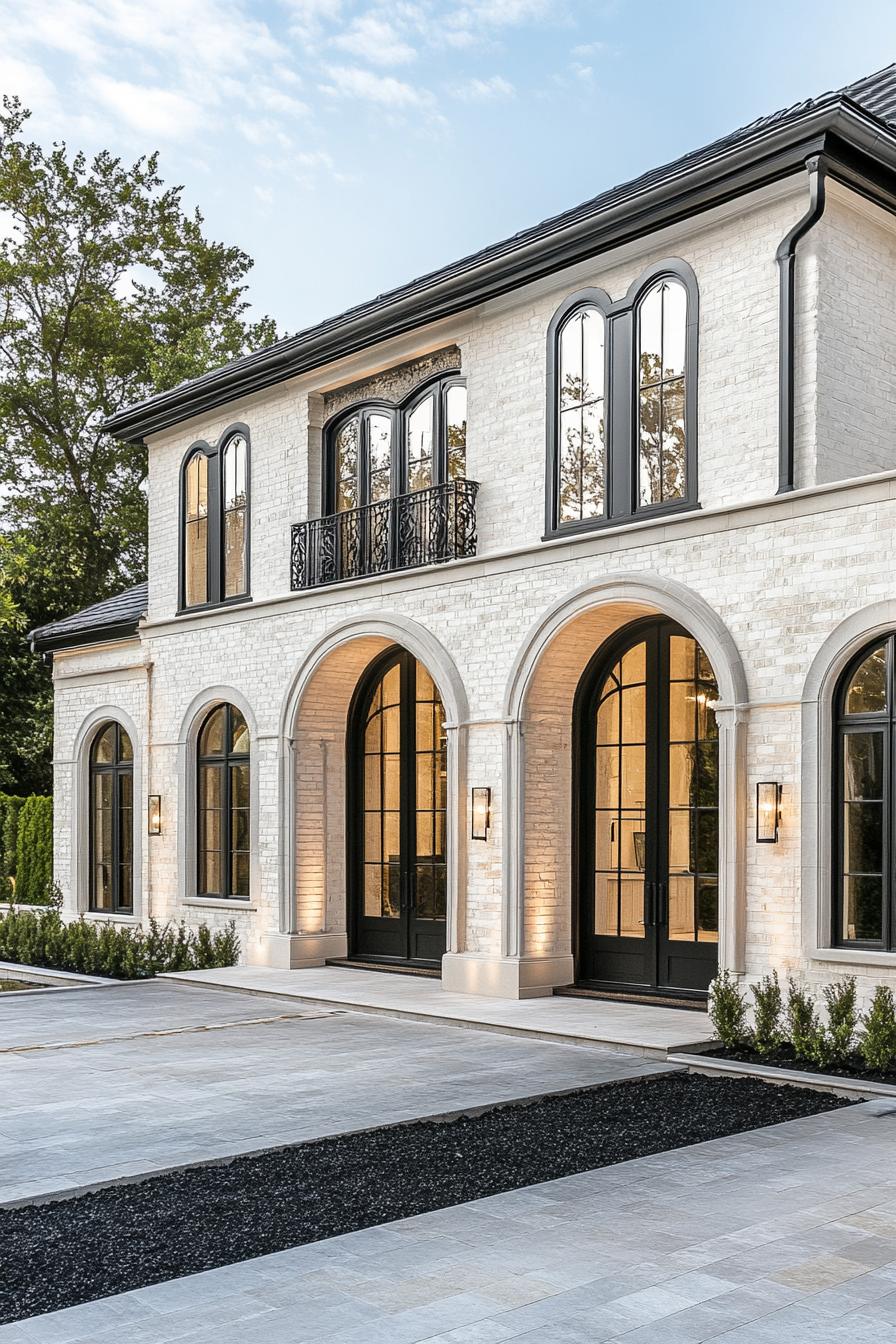 modern mediterranean villa with limestone brick facade arched windows and doors with ornate trim ornate arched doors top floor siding in creamy