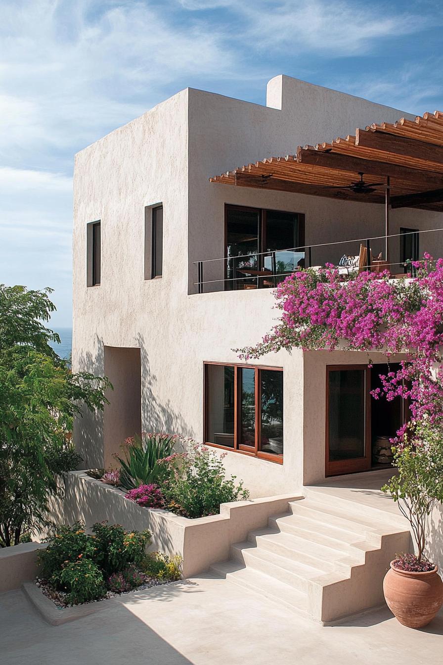 modern mexican house with large covered rooftop terrace stucco walls barrel shingle roof courtyard garden with bougainvilleas 1