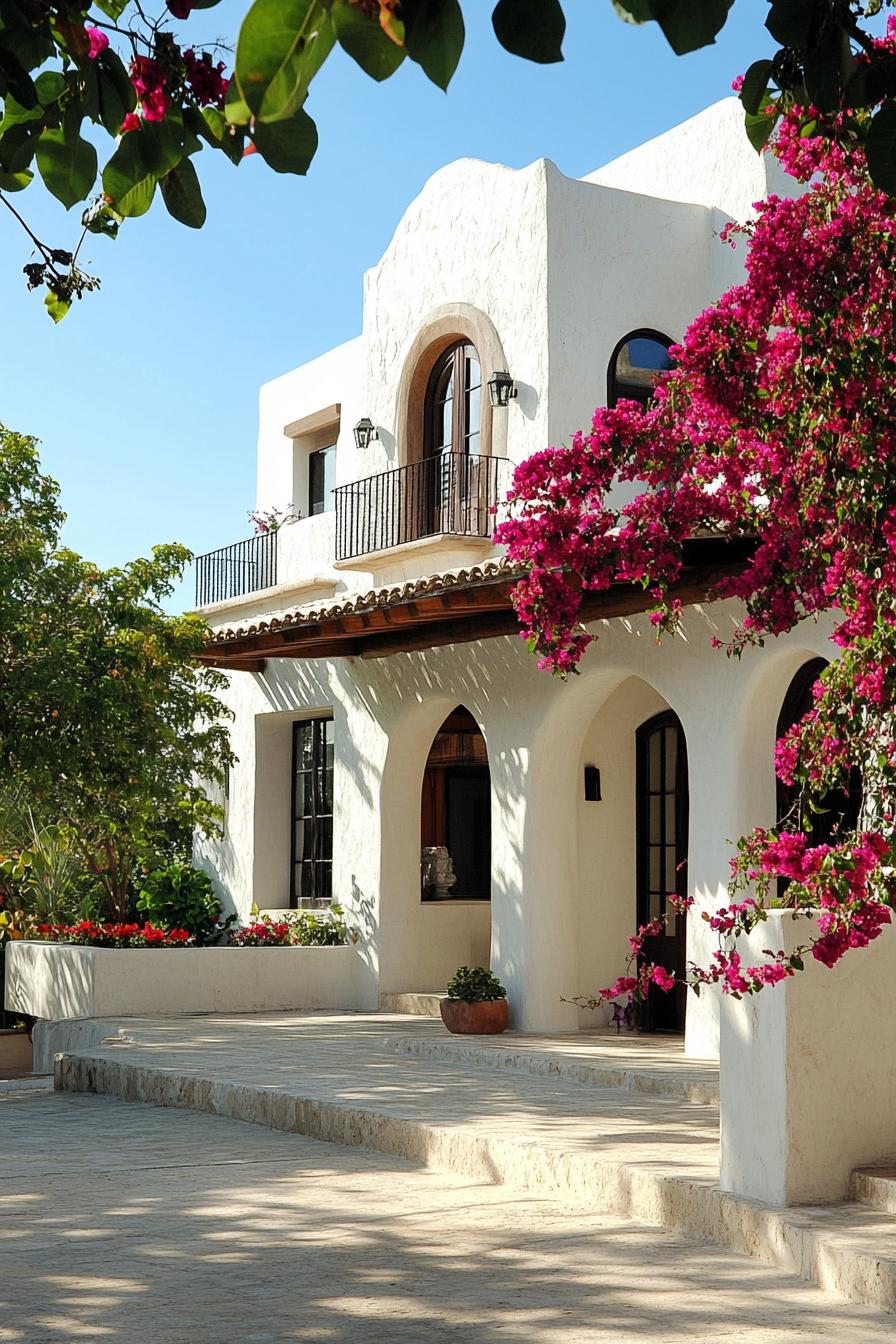 modern mexican house with large covered rooftop terrace stucco walls barrel shingle roof courtyard garden with bougainvilleas