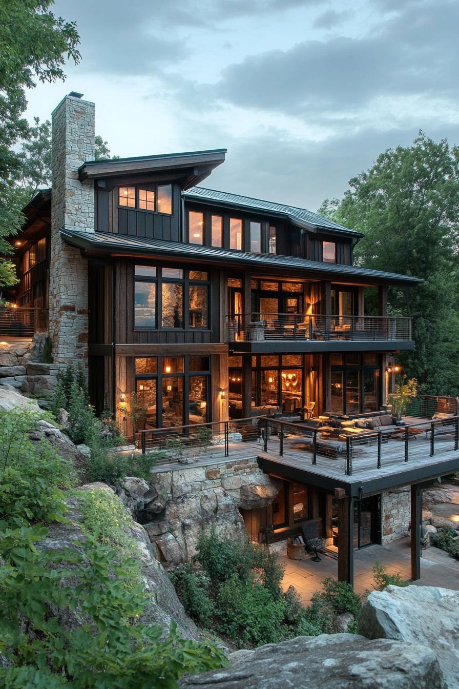 modern mountain house with stone facade rustic wood siding multiple levels built onto a hill decks with cable railing metal roof 1