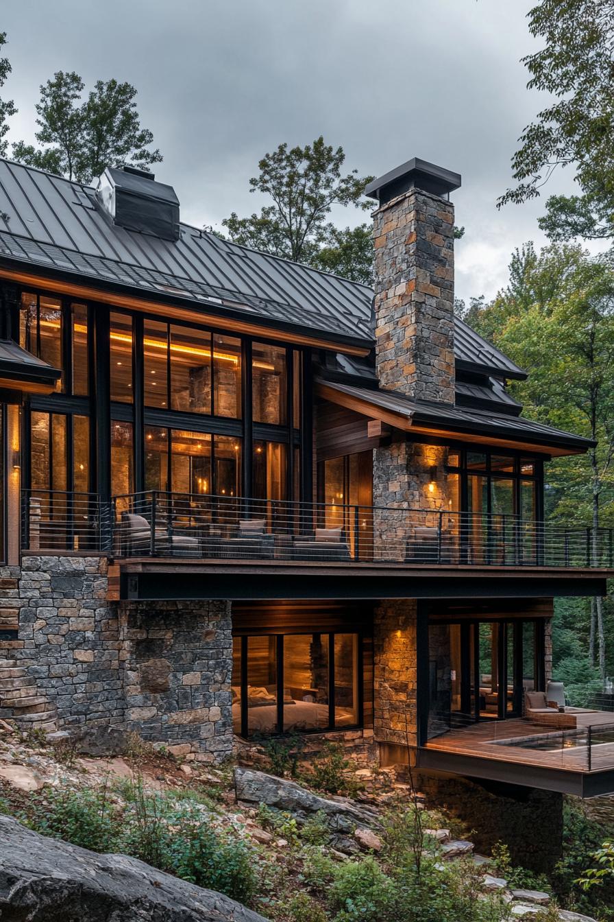 modern mountain house with stone facade rustic wood siding multiple levels built onto a hill decks with cable railing metal roof 2