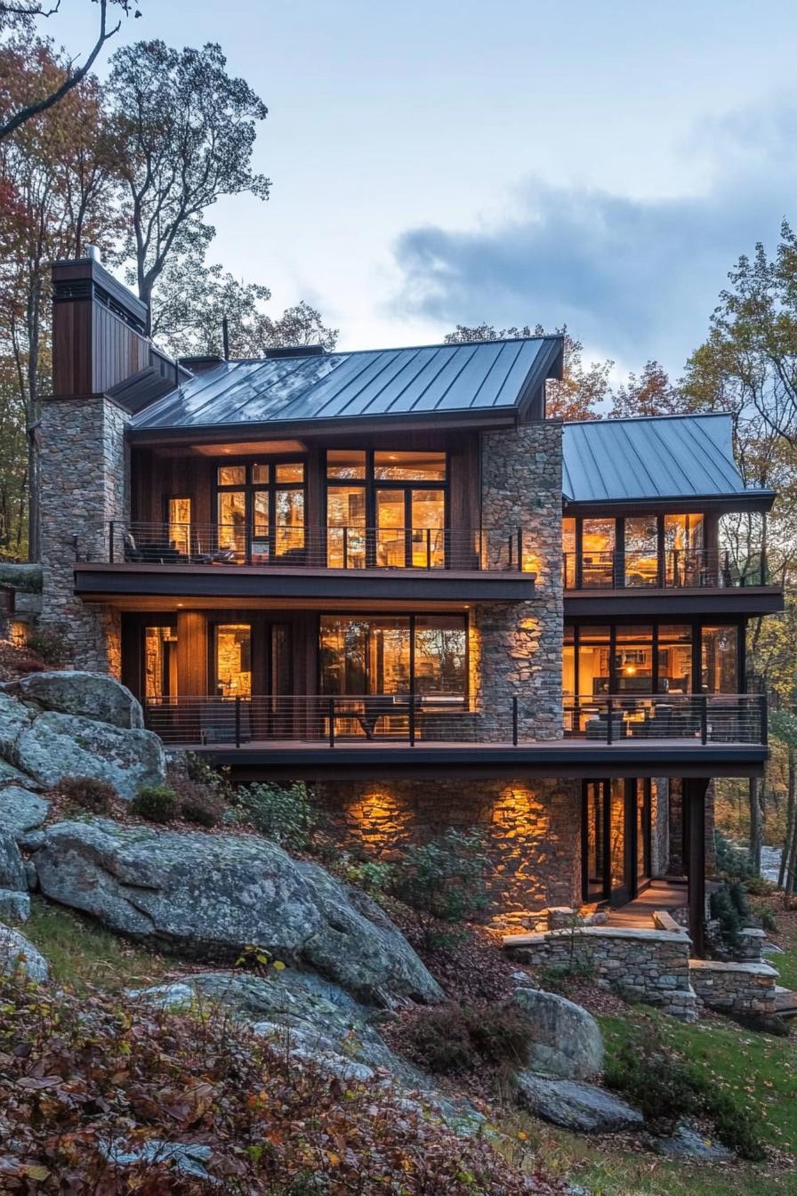 modern mountain house with stone facade rustic wood siding multiple levels built onto a hill decks with cable railing metal roof 3