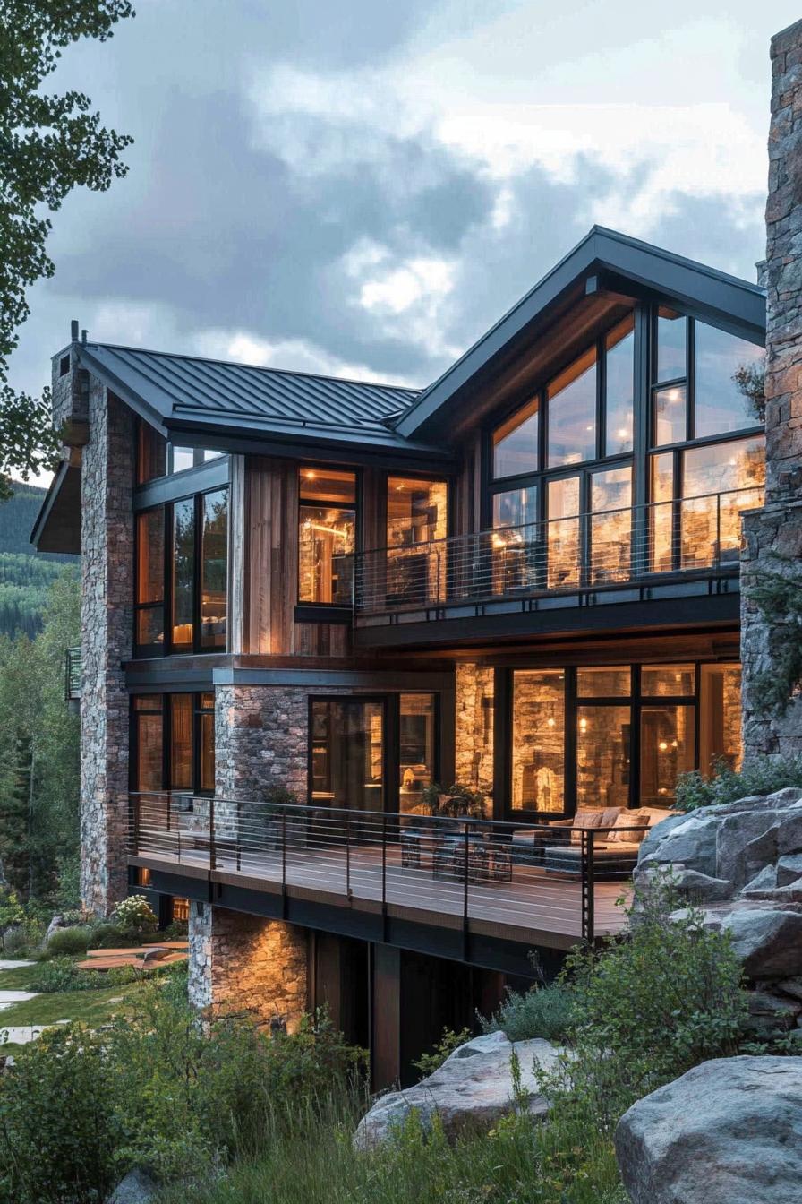 modern mountain house with stone facade rustic wood siding multiple levels built onto a hill decks with cable railing metal roof