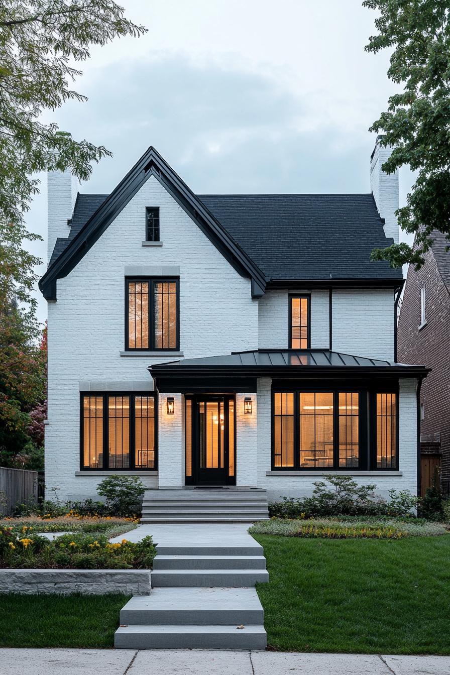 modern neo Victorian style house symmetrical facade with minimalist detailing Scandinavian fields 1