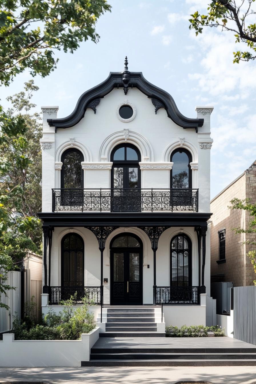 modern neo Victorian style house symmetrical facade with minimalist detailing Scandinavian fields 2