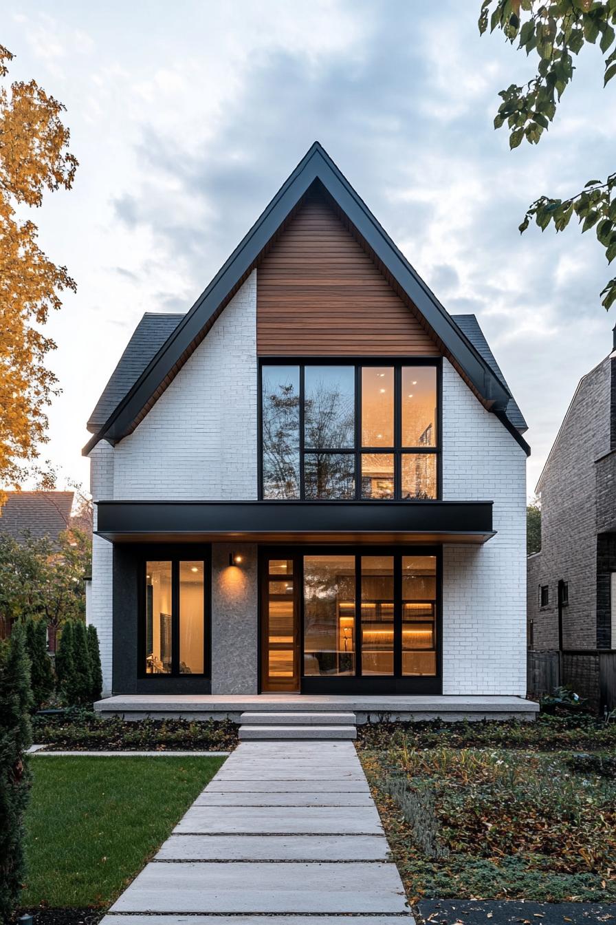 modern neo Victorian style house symmetrical facade with minimalist detailing Scandinavian fields