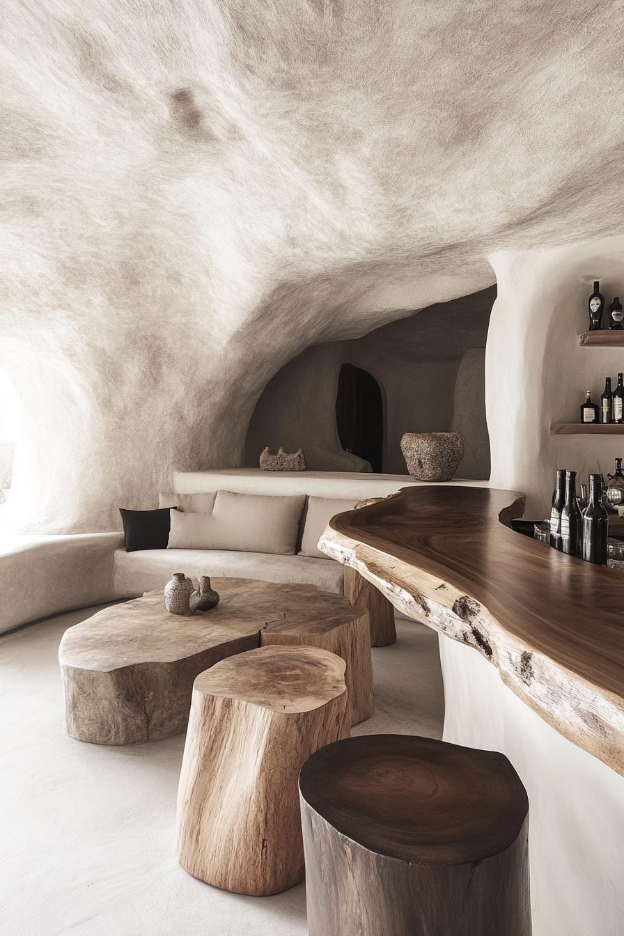 modern organic architecture cave living are with integrated bar table lounge live edge table