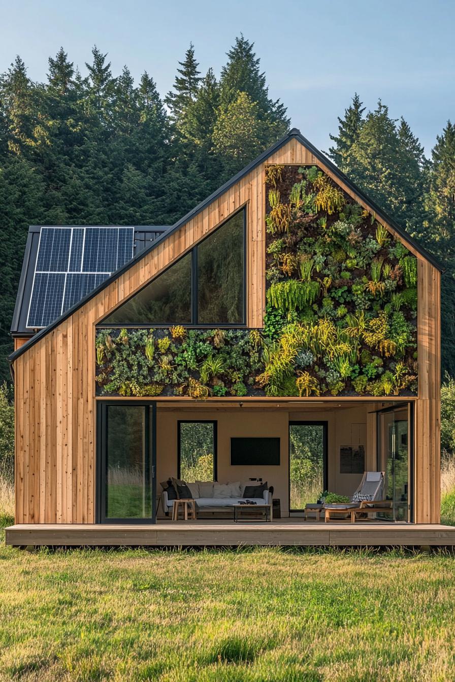 modern prefab small house barn style facade with all wood siding and roof green living wall solar panels on roof in an open field 1