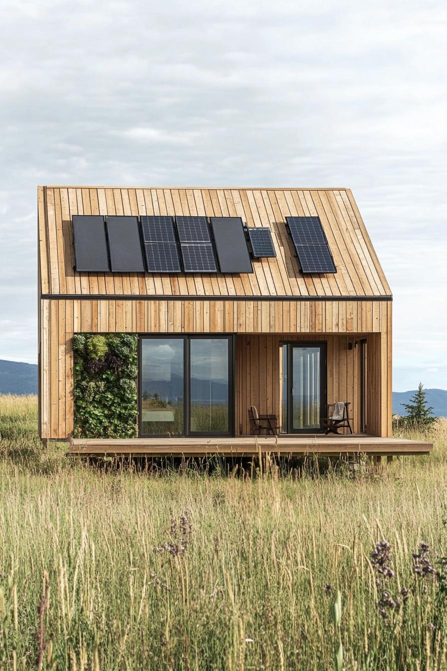 modern prefab small house barn style facade with all wood siding and roof green living wall solar panels on roof in an open field 2