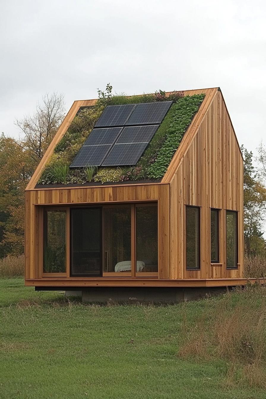 modern prefab small house barn style facade with all wood siding and roof green living wall solar panels on roof in an open field 3