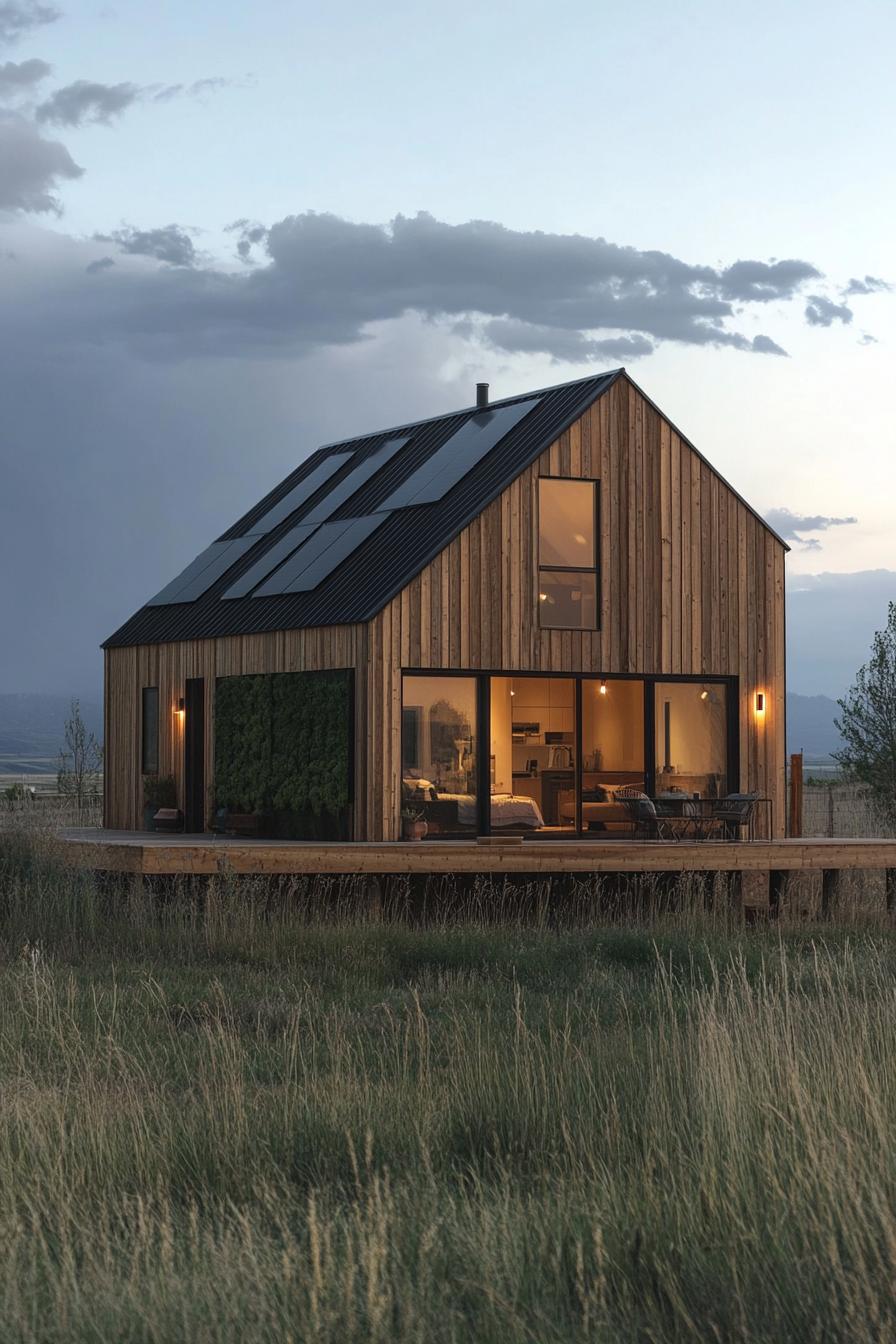 modern prefab small house barn style facade with all wood siding and roof green living wall solar panels on roof in an open field