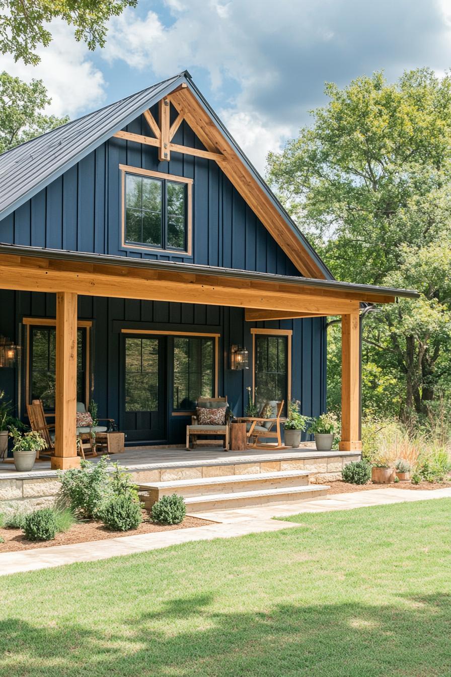 modern rustic small barn home with board and batten deep blue siding natural wood stain trim porch with beams and steps lawn with shrubs 1