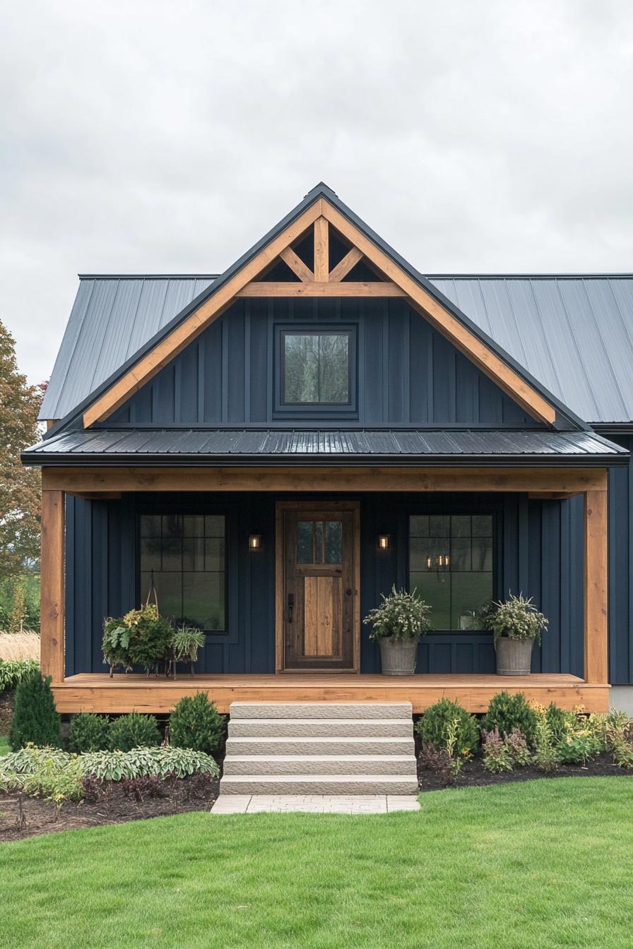 modern rustic small barn home with board and batten deep blue siding natural wood stain trim porch with beams and steps lawn with shrubs