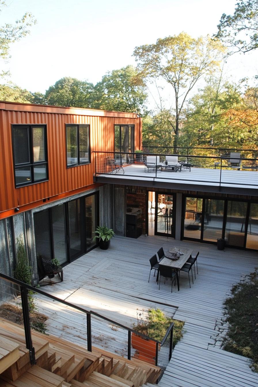 modern shipping container home courtyard with decks and porches 1