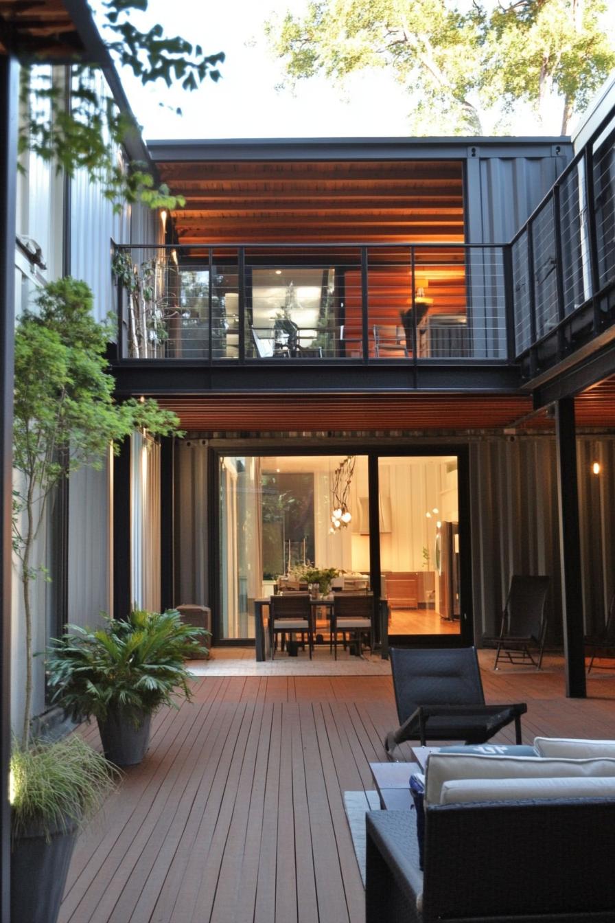 modern shipping container home courtyard with decks and porches 2