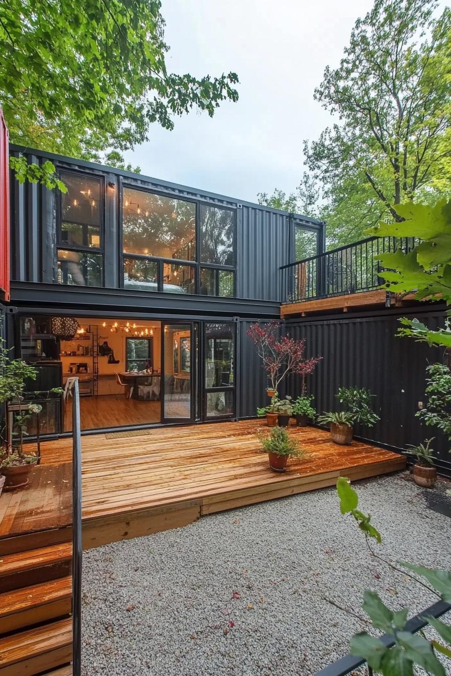 modern shipping container home courtyard with decks and porches