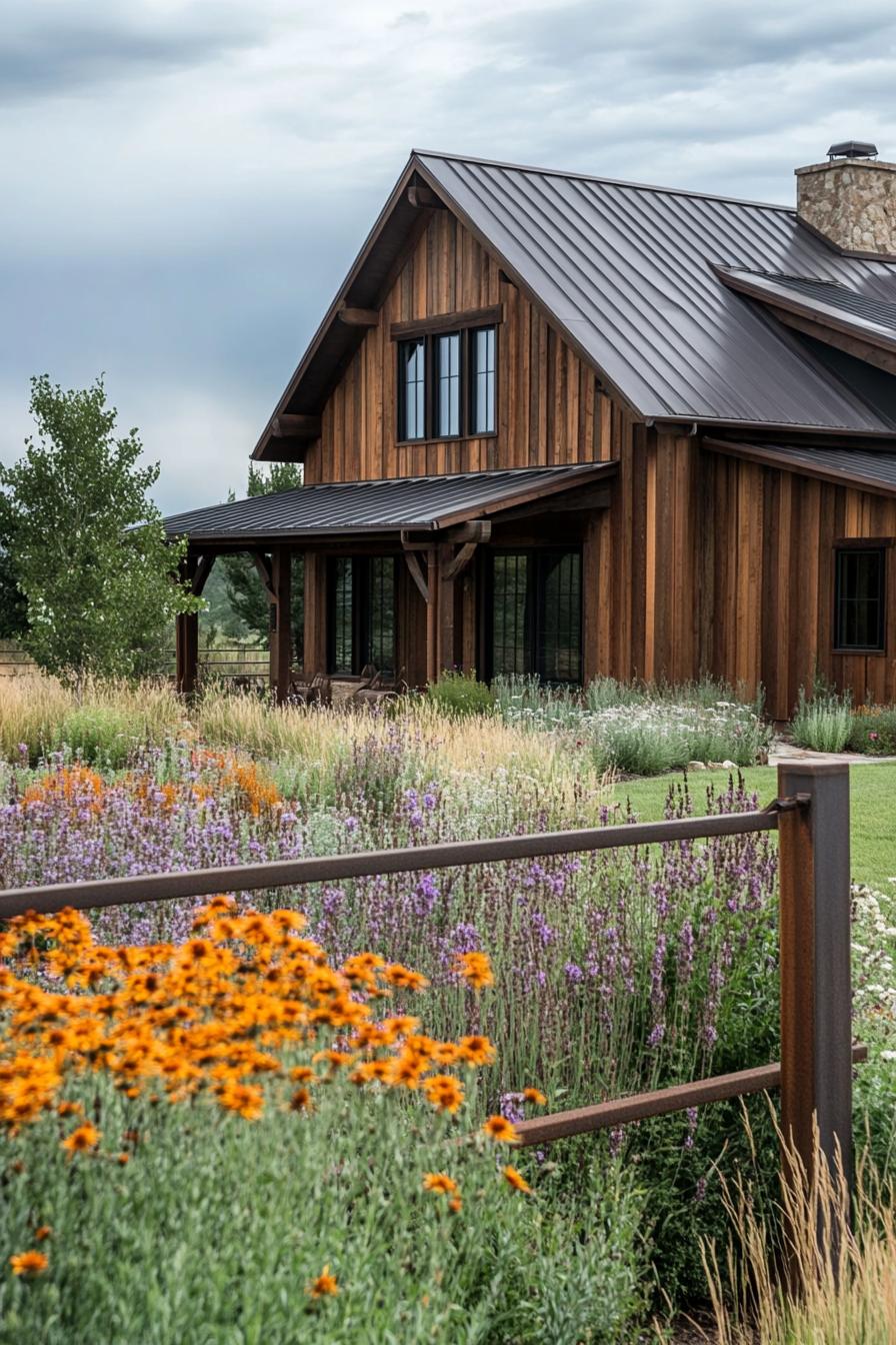 modern timber frame house facade with rusting timber and metal roof front yard with ranch fence and flower garden 1