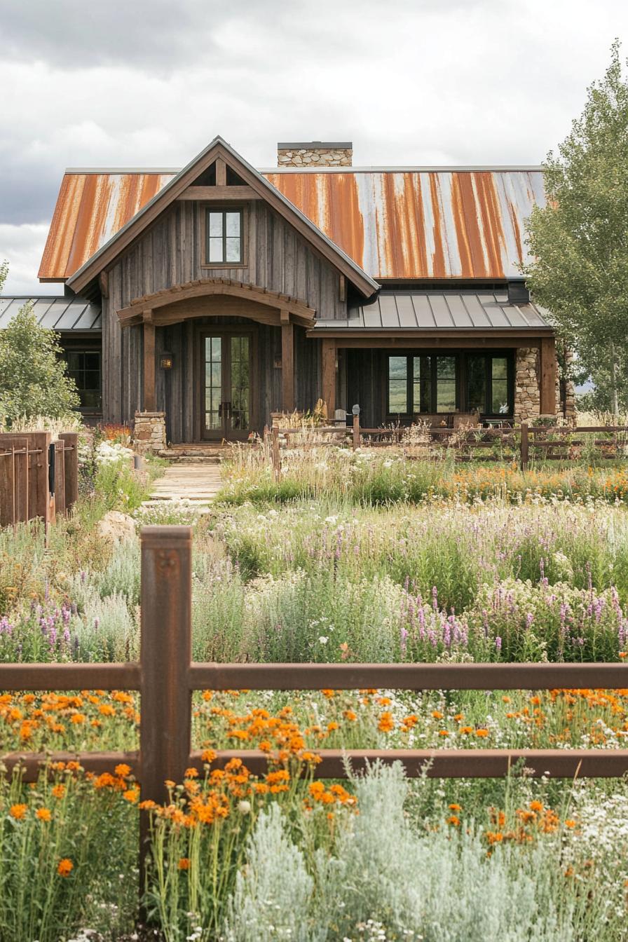 modern timber frame house facade with rusting timber and metal roof front yard with ranch fence and flower garden 2